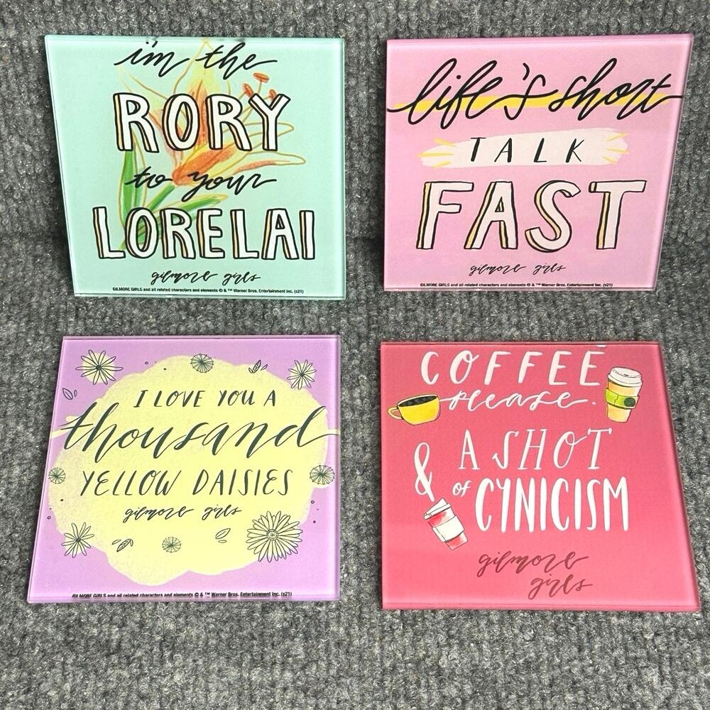 Gilmore Girls NWT glass drink coasters set 4 quotes sayings collectible colorful